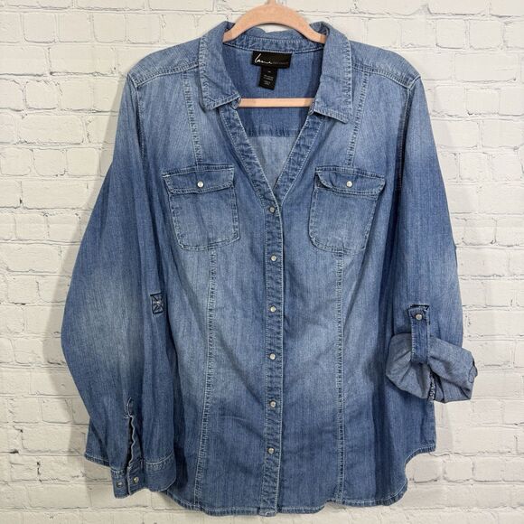Lane Bryant Blouse Denim Women Size 24 Snap Button Chambray Roll Tab Sleeve Top - Picture 1 of 9